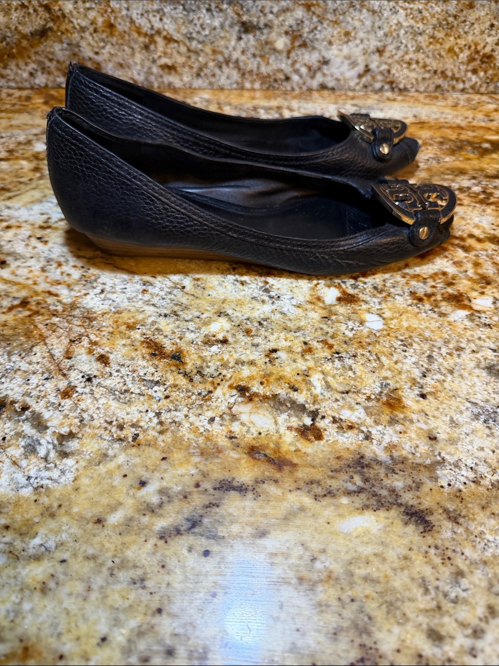 Tory Burch Black Pebbled Leather Peep Toe Wedge Pumps - Picture 2 of 9